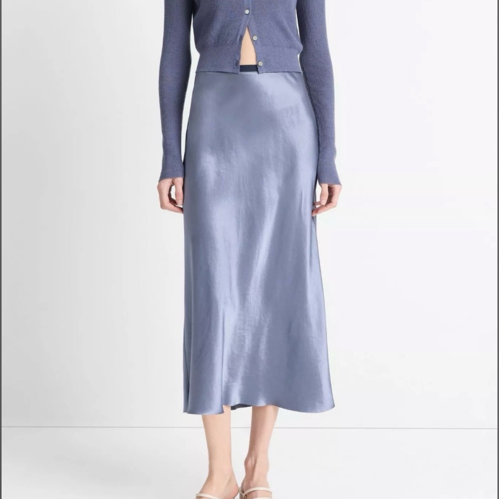 Vince Blue Midi Skirt Contrast-Waistband Satin Bias Skirt